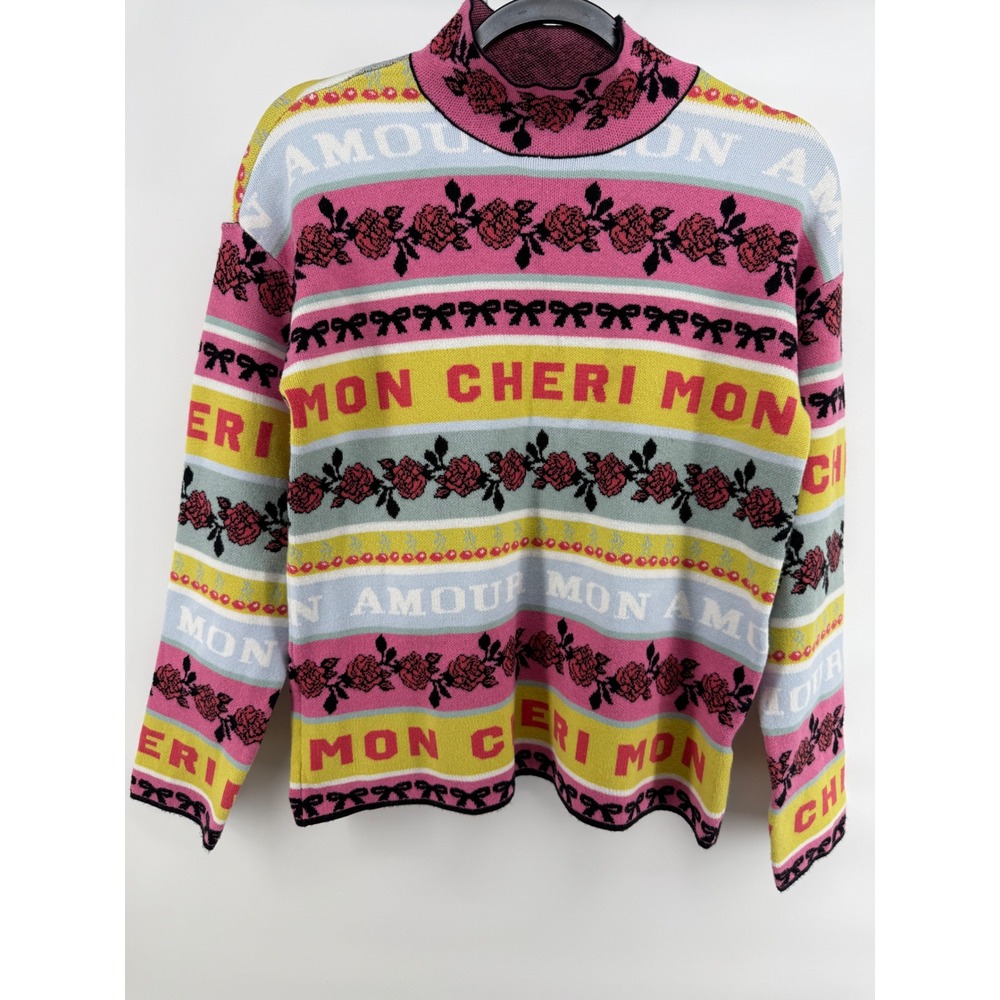 Maeve Anthropologie Mon Cheri Amour Floral Bow Sweater Pink Yellow Small
